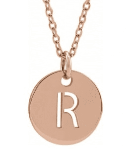 A pendant with the letter R from Stuller features rose gold