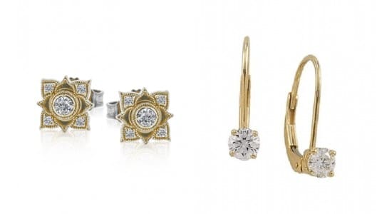 a pair of yellow gold, floral diamond stud earrings next to a pair of yellow gold diamond hoops