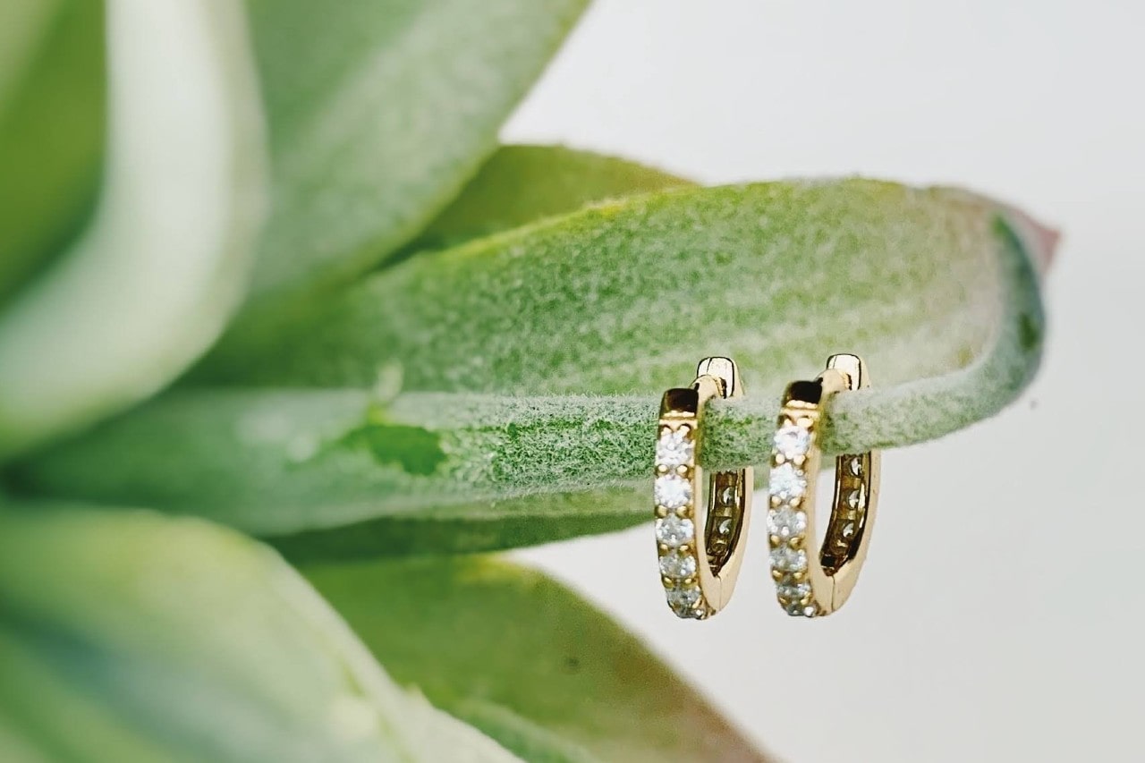 a pair of yellow gold diamond huggie earrings hanging on a succulent leaf