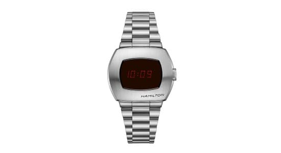 a silver, digital Hamilton watch with an irregularly shaped case.
