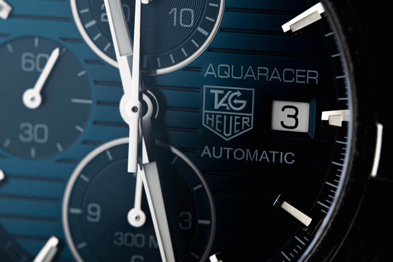 Close up of TAG Heuer Aquaracer watch face